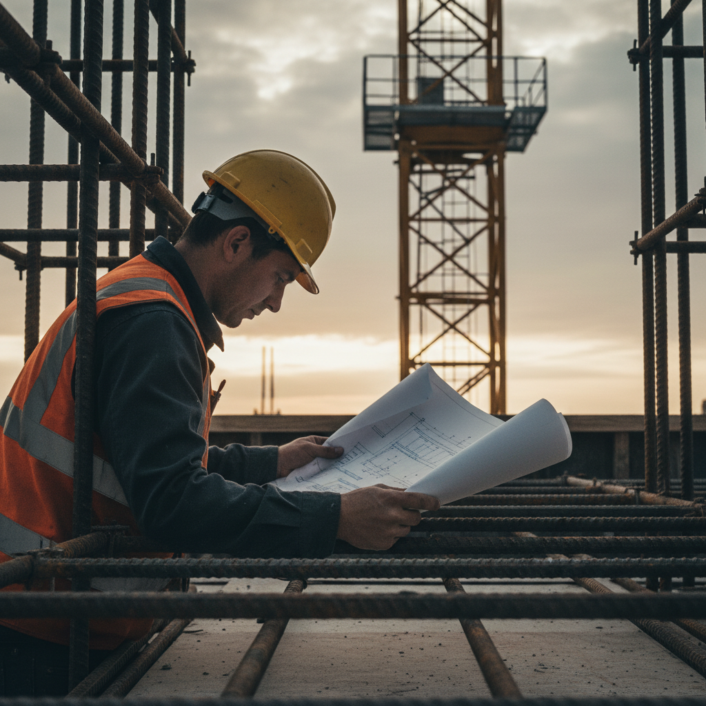 Construction worker in a yellow helmet and orange vest studies blueprints on a metal framework at sunset.