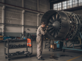 Technician in coveralls stands beside a large jet engine, inspecting it with a handheld power tool inside a hangar.