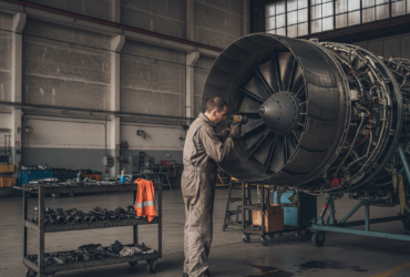 Technician in coveralls stands beside a large jet engine, inspecting it with a handheld power tool inside a hangar.