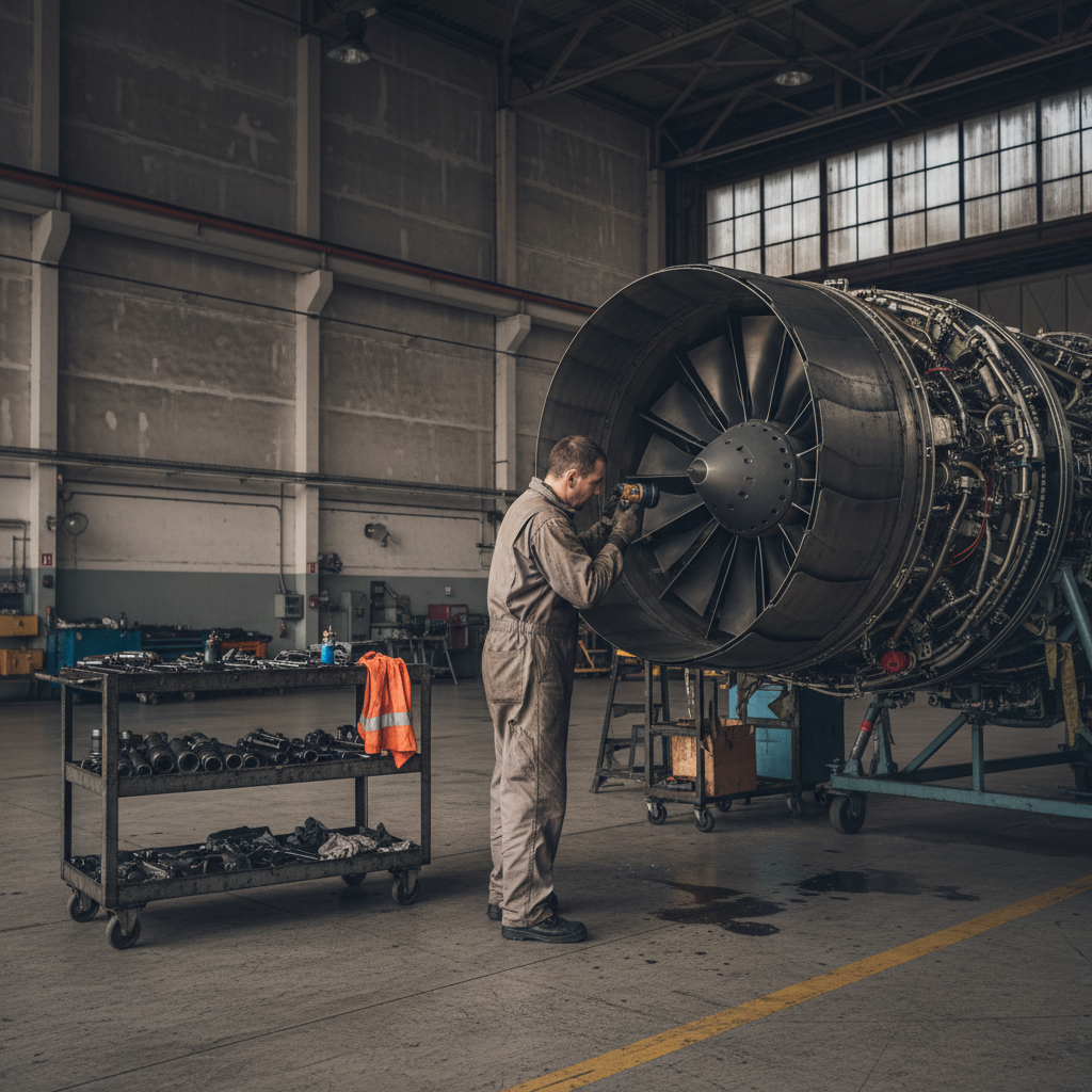 Technician in coveralls stands beside a large jet engine, inspecting it with a handheld power tool inside a hangar.