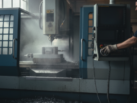 CNC milling machine in operation with a worker at the control panel; metal chips scattered on the floor.”