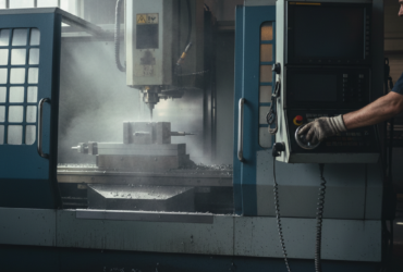 CNC milling machine in operation with a worker at the control panel; metal chips scattered on the floor.”