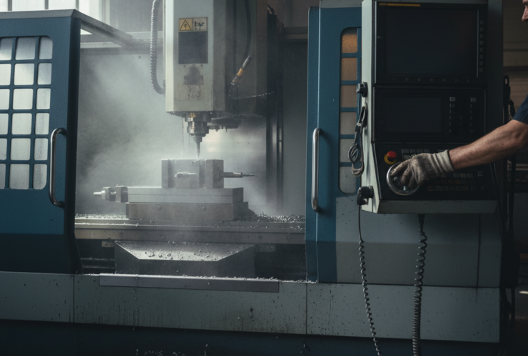 CNC milling machine in operation with a worker at the control panel; metal chips scattered on the floor.”