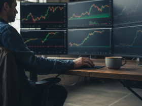Trader sits at a wooden desk watching multiple monitor stock charts on five screens with a coffee mug nearby.
