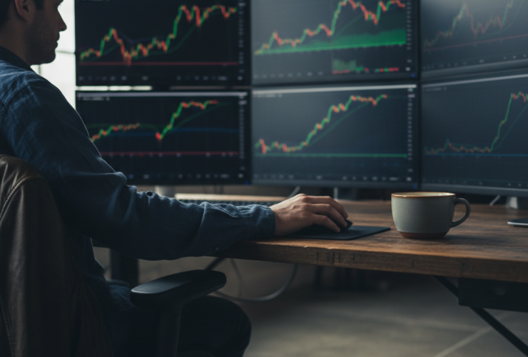 Trader sits at a wooden desk watching multiple monitor stock charts on five screens with a coffee mug nearby.