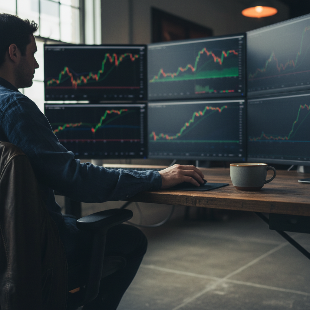Trader sits at a wooden desk watching multiple monitor stock charts on five screens with a coffee mug nearby.