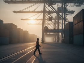 Worker in a safety vest and helmet walks across a container port with towering gantry cranes at sunset/sunrise.