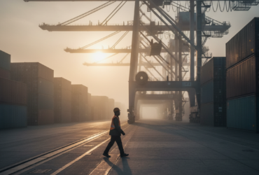 Worker in a safety vest and helmet walks across a container port with towering gantry cranes at sunset/sunrise.