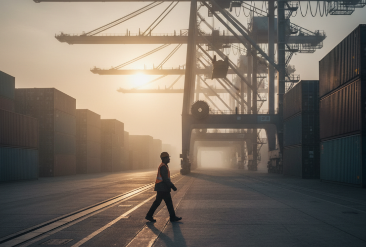 Worker in a safety vest and helmet walks across a container port with towering gantry cranes at sunset/sunrise.