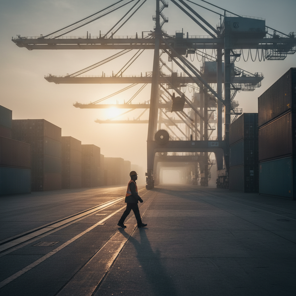 Worker in a safety vest and helmet walks across a container port with towering gantry cranes at sunset/sunrise.