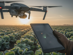 Drone hovering over a cabbage field at sunset, controlled by a gloved hand holding a tablet.