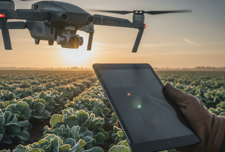 Drone hovering over a cabbage field at sunset, controlled by a gloved hand holding a tablet.