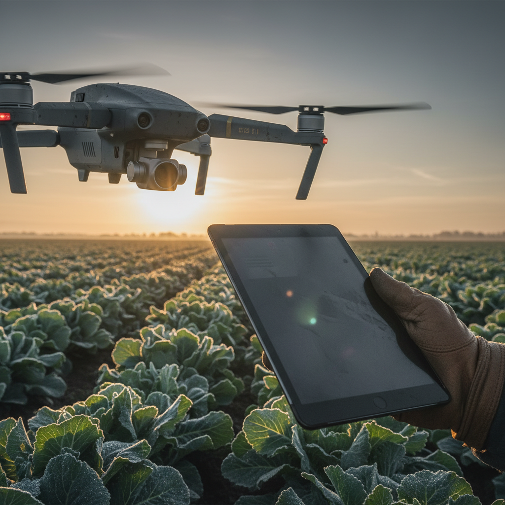 Drone hovering over a cabbage field at sunset, controlled by a gloved hand holding a tablet.