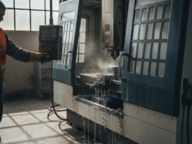 Worker in an orange safety vest operates a CNC milling machine; coolant drips from the spindle area and pools on the floor.