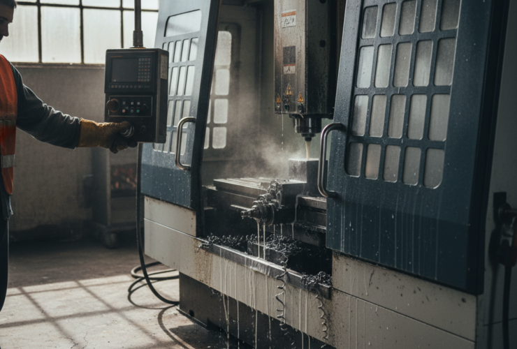 Worker in an orange safety vest operates a CNC milling machine; coolant drips from the spindle area and pools on the floor.