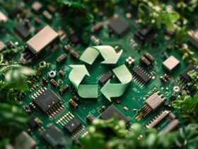 Close-up of a green circuit board intertwined with plant vines, symbolizing eco-friendly electronics recycling.