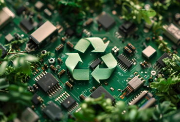 Close-up of a green circuit board intertwined with plant vines, symbolizing eco-friendly electronics recycling.