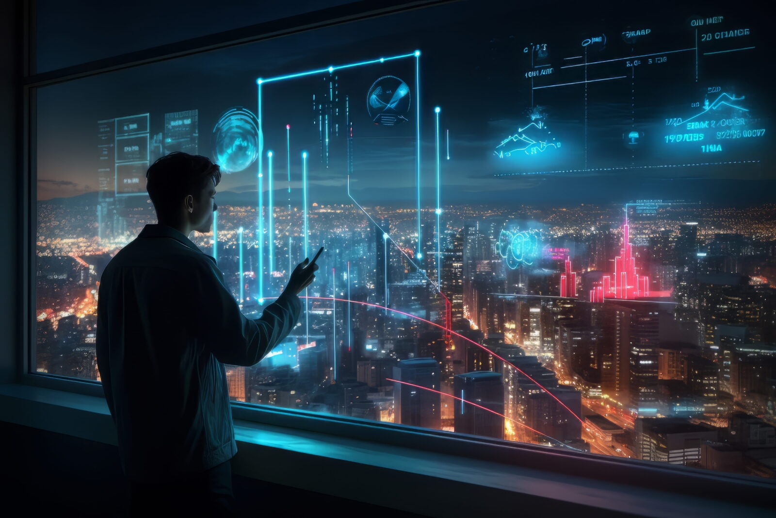 Man in a suit stands by a window, interacts with glowing holographic charts over a city skyline at night.