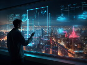 Man in a suit stands by a window, interacts with glowing holographic charts over a city skyline at night.