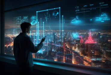 Man in a suit stands by a window, interacts with glowing holographic charts over a city skyline at night.