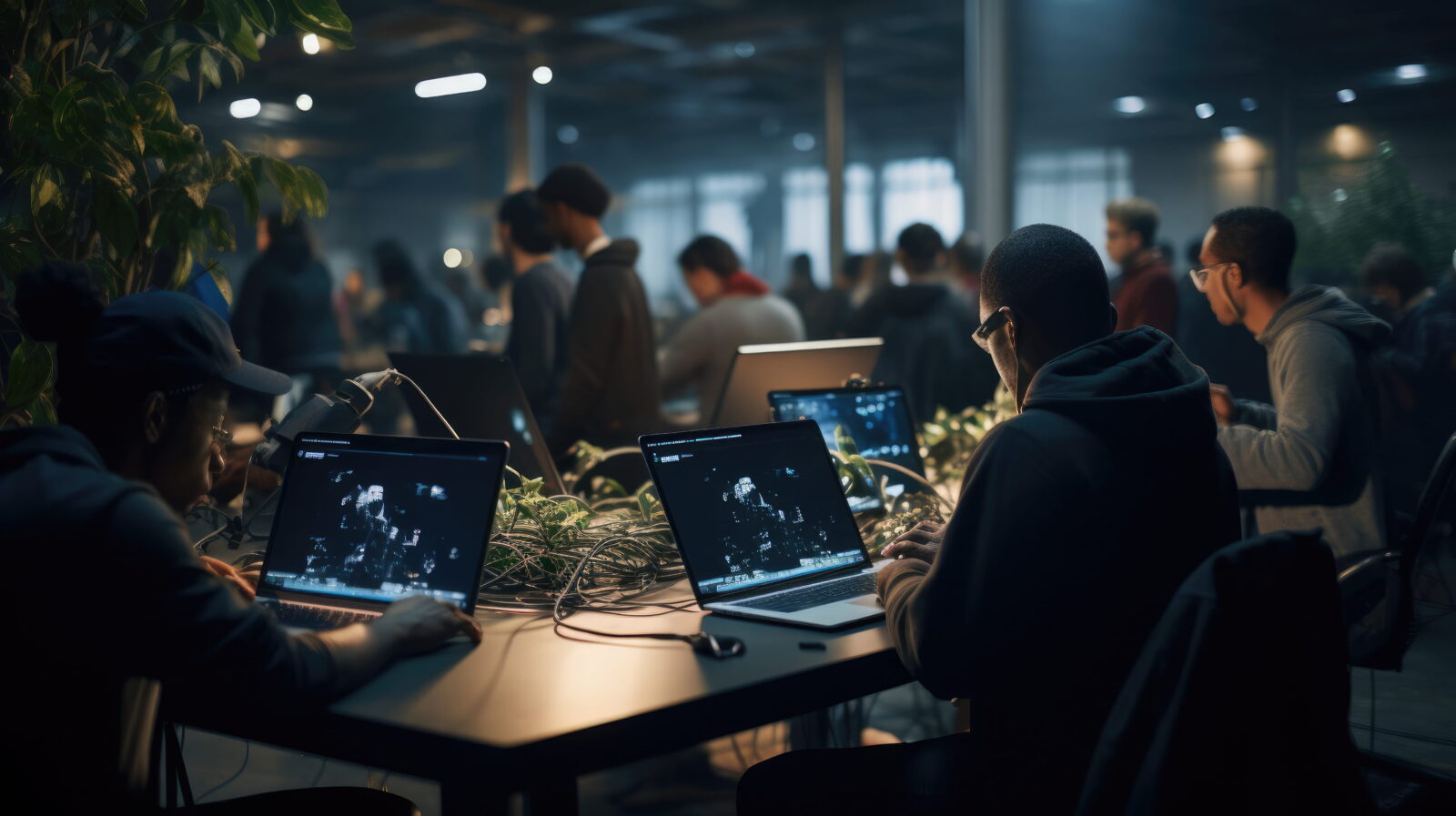 Group of people coding on laptops at a long table in a dim, modern office with green plants in the foreground.