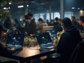 Group of people coding on laptops at a long table in a dim, modern office with green plants in the foreground.