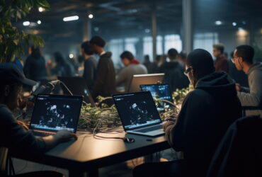 Group of people coding on laptops at a long table in a dim, modern office with green plants in the foreground.