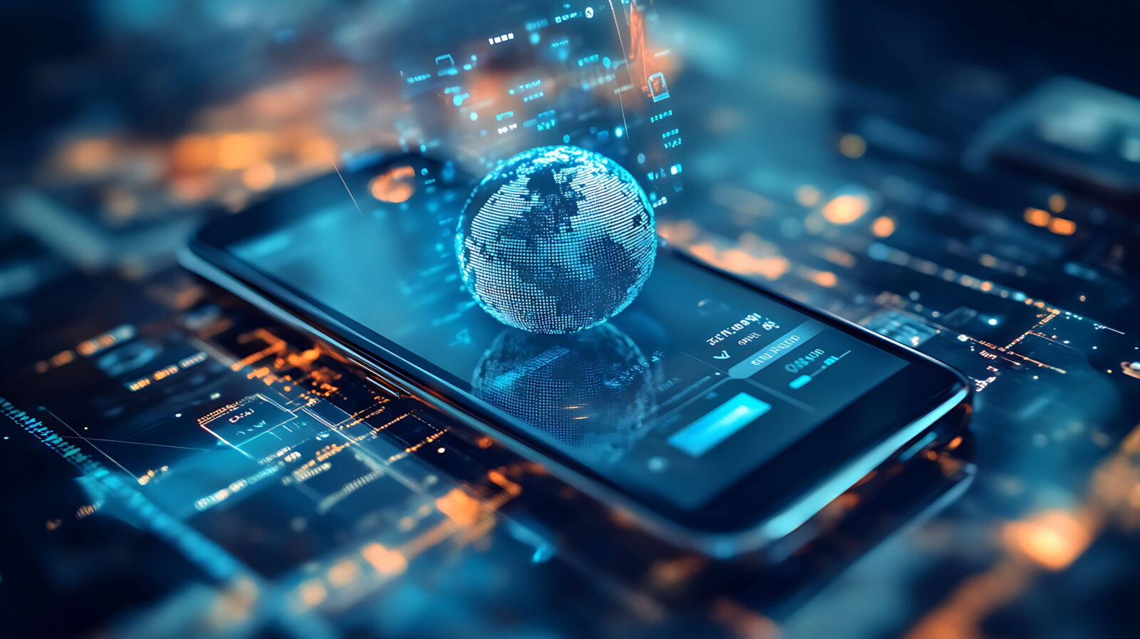 Globally connected digital globe hovering above a smartphone, symbolizing mobile tech and data networks.
