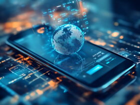 Globally connected digital globe hovering above a smartphone, symbolizing mobile tech and data networks.