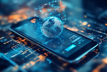 Globally connected digital globe hovering above a smartphone, symbolizing mobile tech and data networks.