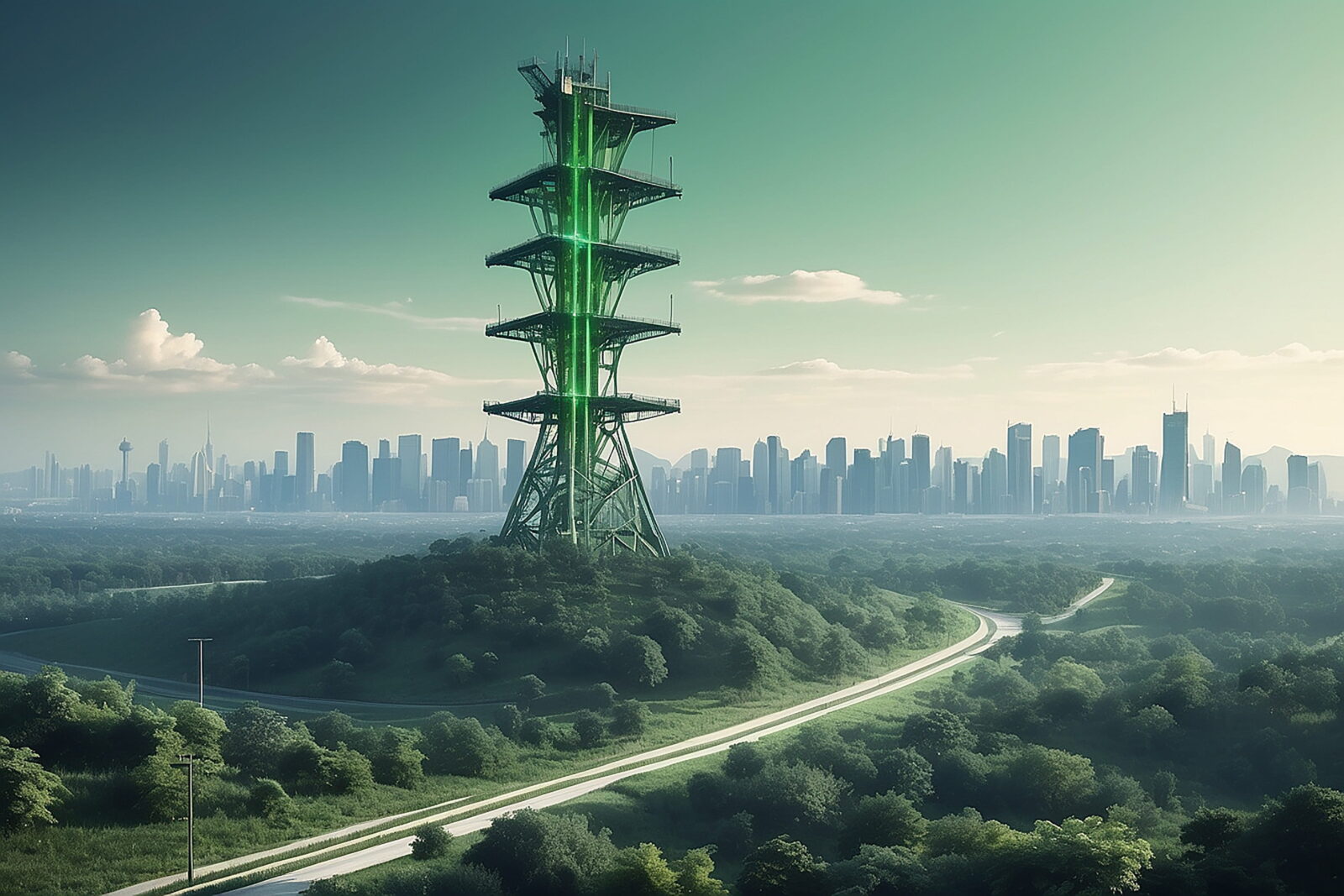 Green-lit observation tower rising above a forest with a distant city skyline on the horizon.