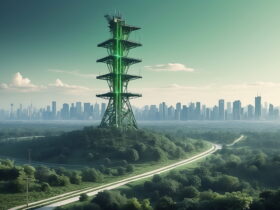 Green-lit observation tower rising above a forest with a distant city skyline on the horizon.