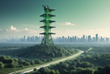 Green-lit observation tower rising above a forest with a distant city skyline on the horizon.