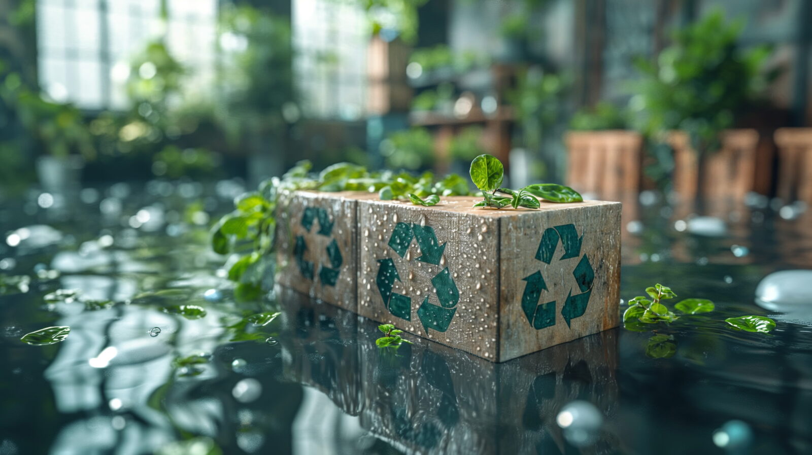 Cardboard recycling crate used as a planter with small green plants on top, floating in a reflective indoor water feature