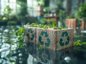 Cardboard recycling crate used as a planter with small green plants on top, floating in a reflective indoor water feature