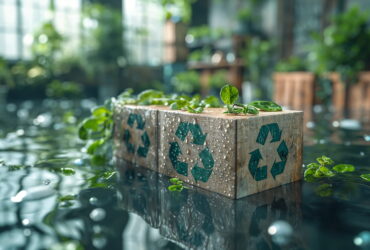 Cardboard recycling crate used as a planter with small green plants on top, floating in a reflective indoor water feature