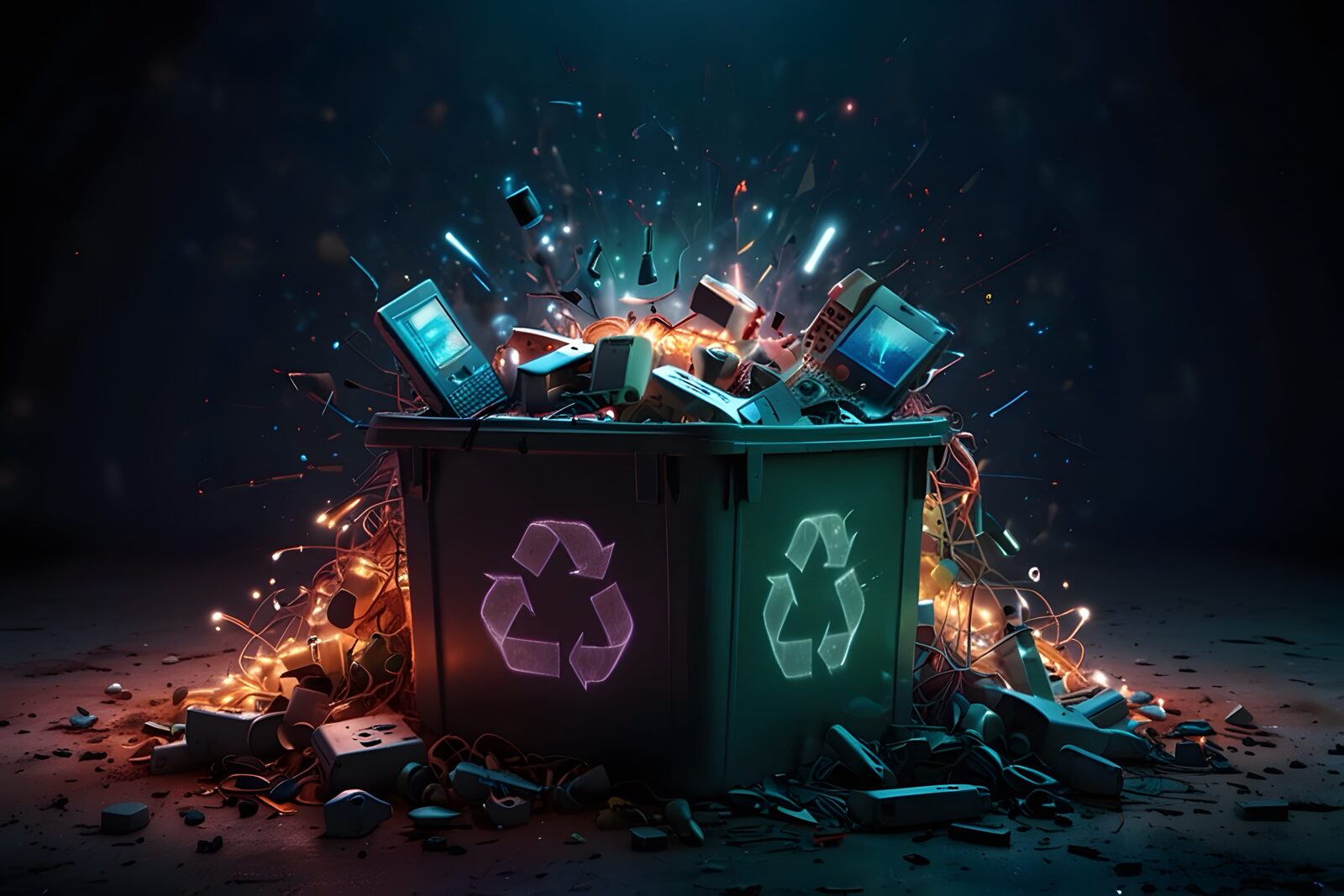Overflowing recycling bin with electronic waste and debris bursting outward in a dramatic explosion of colors and light.