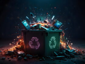 Overflowing recycling bin with electronic waste and debris bursting outward in a dramatic explosion of colors and light.