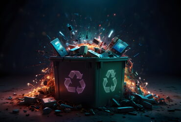 Overflowing recycling bin with electronic waste and debris bursting outward in a dramatic explosion of colors and light.