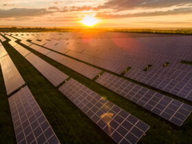 Sunset over a vast field of solar panels arranged in neat rows, reflecting golden light across the farm numerically.