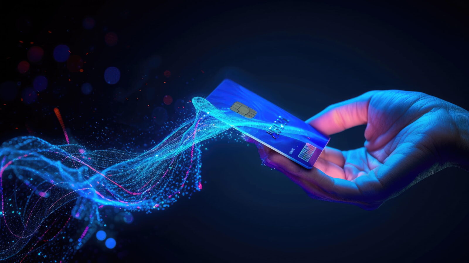 Hand holding a blue credit card with a chip, surrounded by glowing blue digital particles and light streaks.