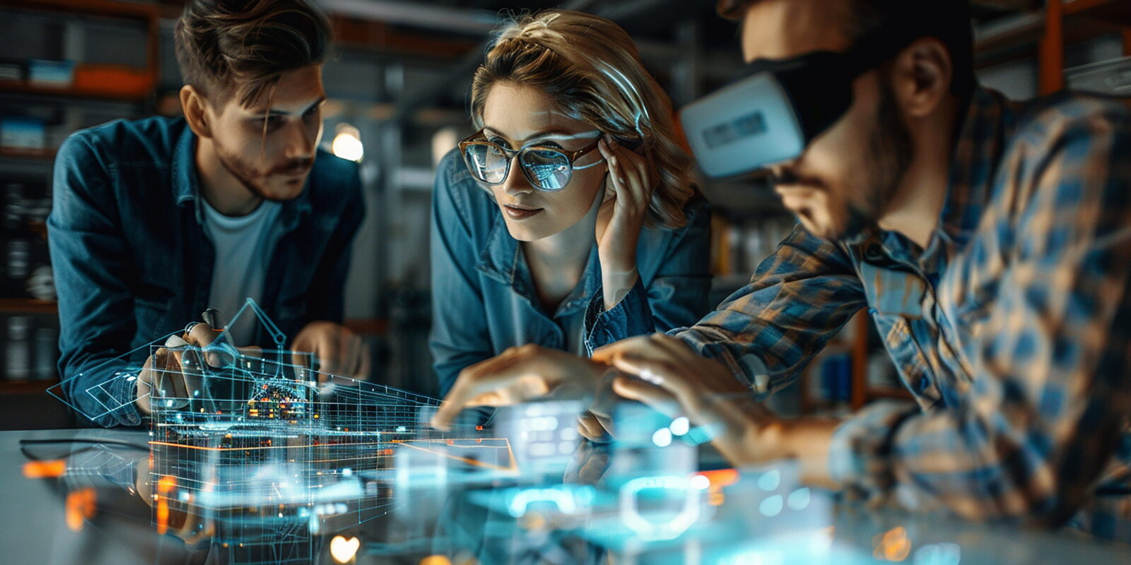 Three colleagues in a workshop study a glowing holographic blueprint projected over a glass table.
