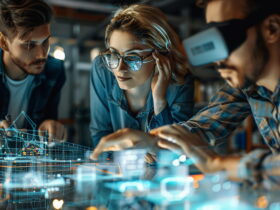 Three colleagues in a workshop study a glowing holographic blueprint projected over a glass table.