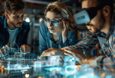 Three colleagues in a workshop study a glowing holographic blueprint projected over a glass table.
