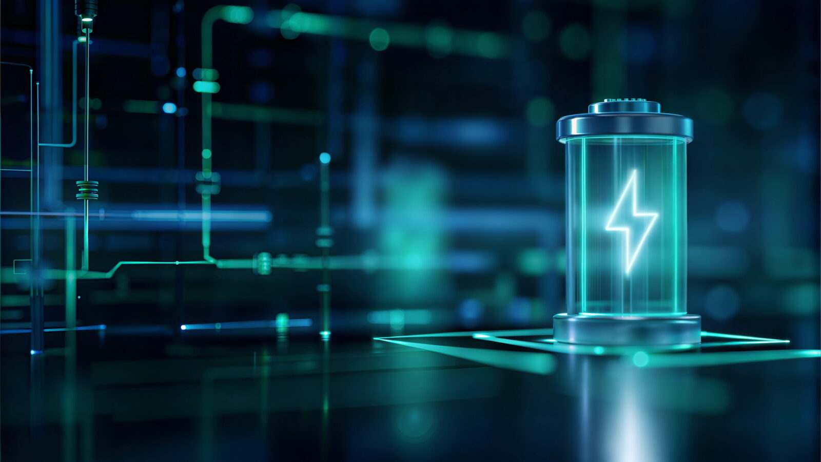 Neon-lit energy capsule with a glowing cyan lightning bolt inside, set against a circuit-board background.