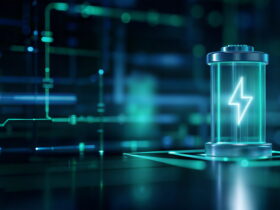 Neon-lit energy capsule with a glowing cyan lightning bolt inside, set against a circuit-board background.