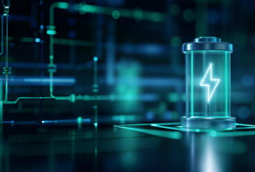 Neon-lit energy capsule with a glowing cyan lightning bolt inside, set against a circuit-board background.