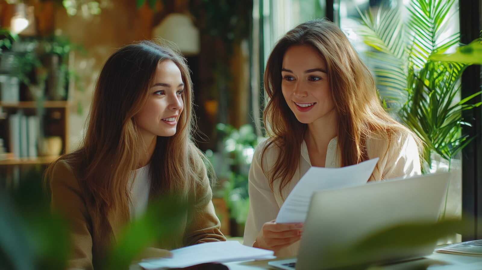 Two young women sit at a sunlit café table, looking over papers and a laptop together.