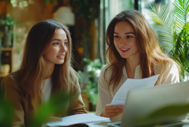 Two young women sit at a sunlit café table, looking over papers and a laptop together.