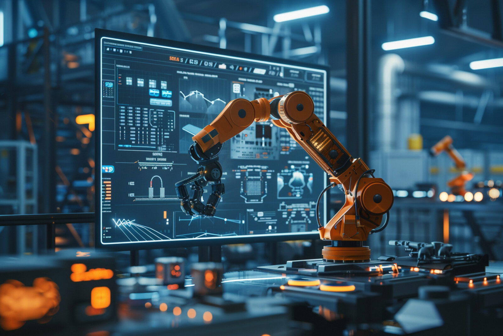 Orange robotic arm operating in front of a large monitor displaying charts and graphs in a high-tech lab.
